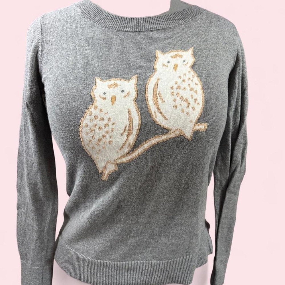 LOFT Outlet Women XS Gray Owl Knit Sweater Crew Neck Long Sleeve Woodland Cozy